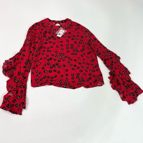Express Shirt Womens Small Crew Neck Long Bell Sleeve Floral Red New - Picture 1 of 12